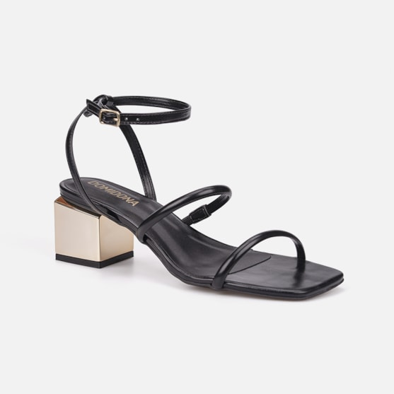 Segunda imagem do produto Sandália Feminina Preta Salto Bloco Dourado Metalizado Bico Quadrado Tira Com Fivela