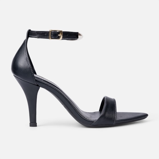 Sandália Feminina Preta Salto Fino Enfeite Metalizado