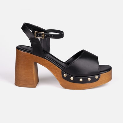 Sandália Feminina Preta Salto Grosso Bloco Madeira Tira Com Tachas