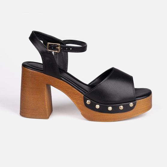 Sandália Feminina Preta Salto Grosso Bloco Madeira Tira Com Tachas