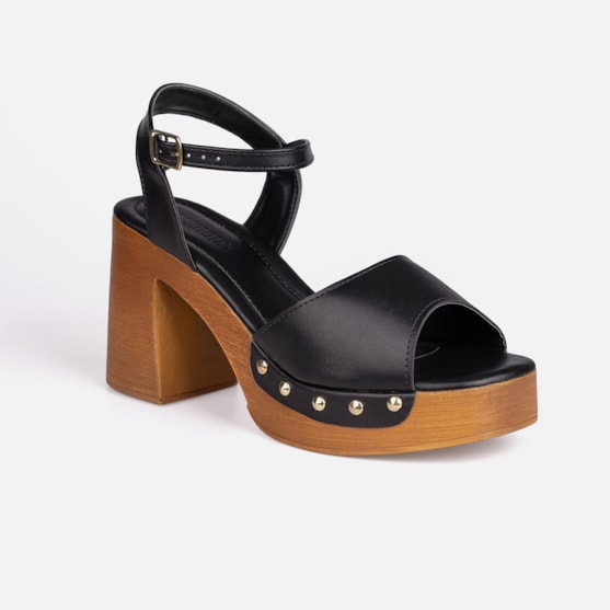 Segunda imagem do produto Sandália Feminina Preta Salto Grosso Bloco Madeira Tira Com Tachas