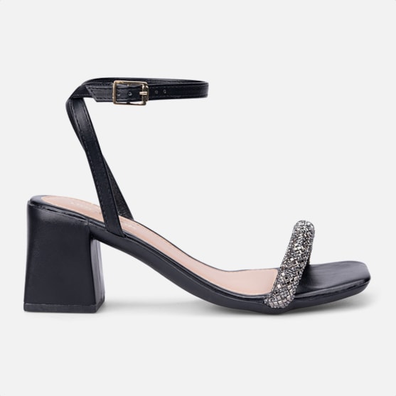 Sandália Feminina Preta Tira Com Fivela Salto Alto Bloco