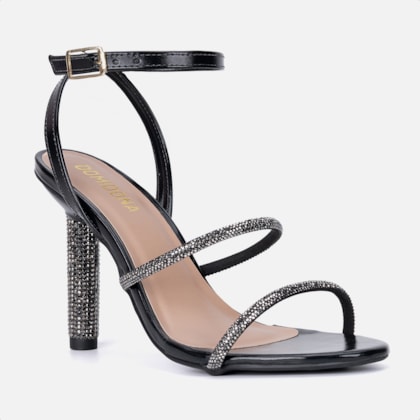 Segunda imagem do produto Sandália Feminina Preta Tira Com Fivela Salto Alto De Strass