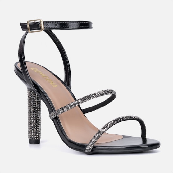 Segunda imagem do produto Sandália Feminina Preta Tira Com Fivela Salto Alto De Strass