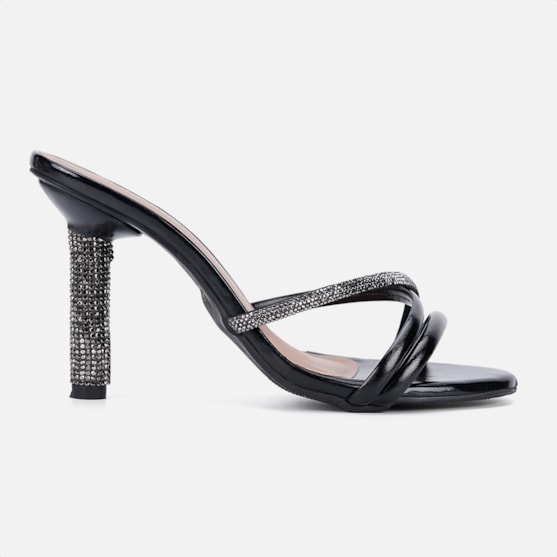 Sandália Feminina Preta Tiras Triplas Salto Alto De Strass