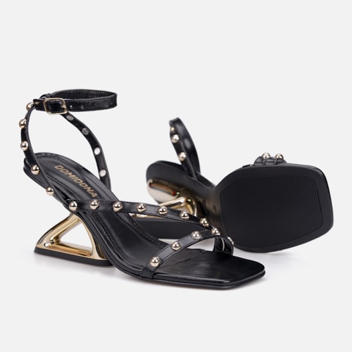 Sandália Feminina Preto Salto Alto Grosso Cromado Tiras Com Tachas