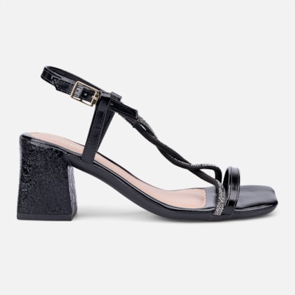 Sandália Feminina Preto Salto Bloco Tiras De Strass Trançadas