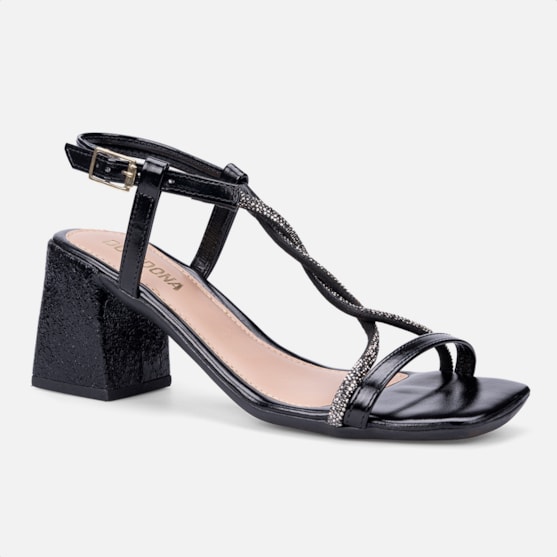 Segunda imagem do produto Sandália Feminina Preto Salto Bloco Tiras De Strass Trançadas