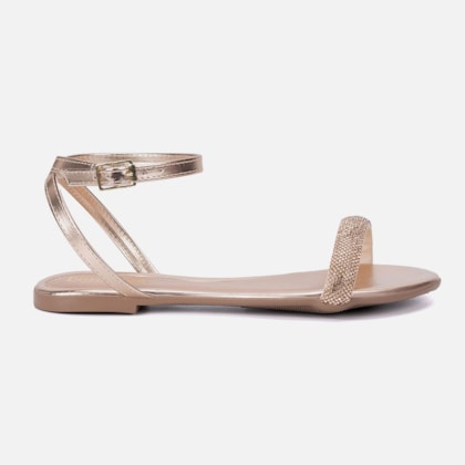 Sandália Feminina Rasteira Bronze Tira Adornada De Strass