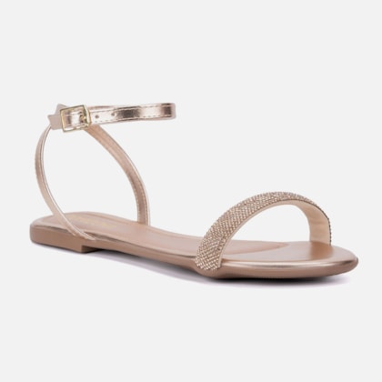 Segunda imagem do produto Sandália Feminina Rasteira Bronze Tira Adornada De Strass