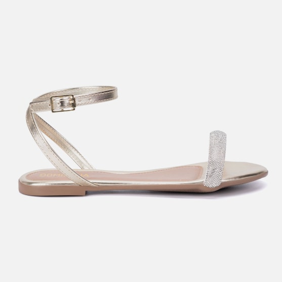 Sandália Feminina Rasteira Dourada Tira Adornada De Strass