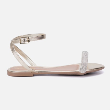 Sandália Feminina Rasteira Dourada Tira Adornada De Strass