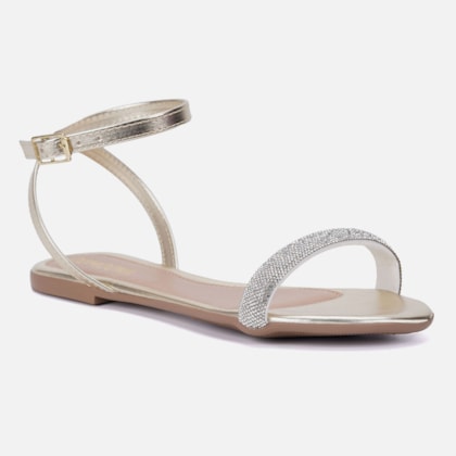 Segunda imagem do produto Sandália Feminina Rasteira Dourada Tira Adornada De Strass