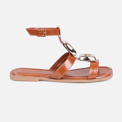 Sandália Feminina Rasteira Pedrarias Metalizado Tira No Tornozelo Caramelo