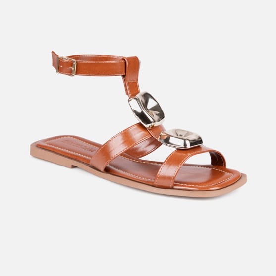 Segunda imagem do produto Sandália Feminina Rasteira Pedrarias Metalizado Tira No Tornozelo Caramelo