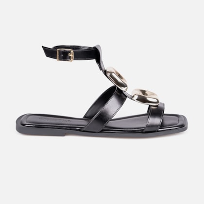 Sandália Feminina Rasteira Pedrarias Metalizado Tira No Tornozelo Preta