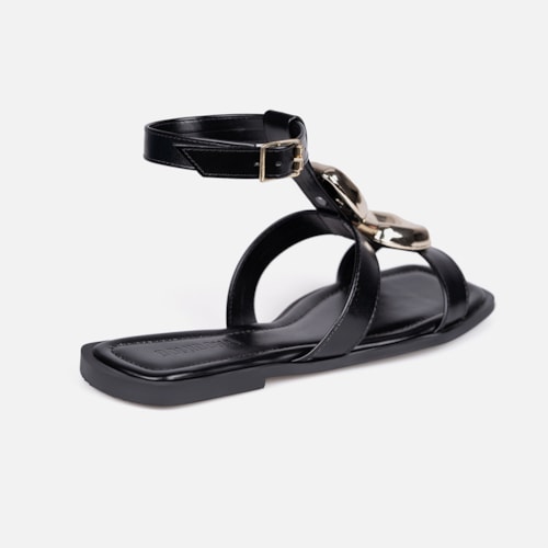 Sandália Feminina Rasteira Pedrarias Metalizado Tira No Tornozelo Preta