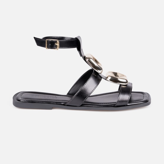 Sandália Feminina Rasteira Pedrarias Tira No Tornozelo Preta