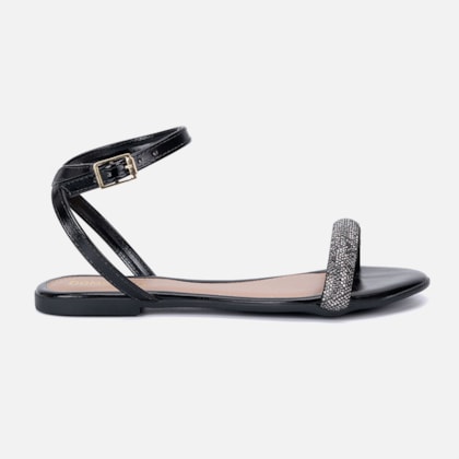 Sandália Feminina Rasteira Preta Tira Adornada De Strass