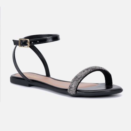 Segunda imagem do produto Sandália Feminina Rasteira Preta Tira Adornada De Strass