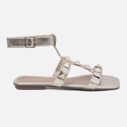 Sandália Feminina Rasteira Rasteirinha Tira Spikes Confort Dourado