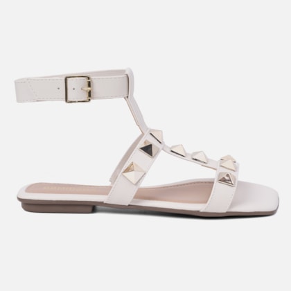 Sandália Feminina Rasteira Rasteirinha Tira Spikes Confort Off White