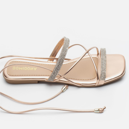 Sandália Feminina Rasteirinha Amarração Tiras De Strass Cobre