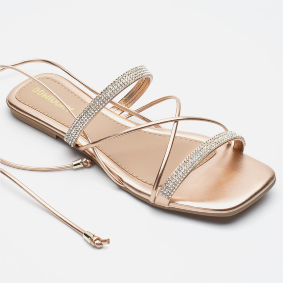 Segunda imagem do produto Sandália Feminina Rasteirinha Amarração Tiras De Strass Cobre