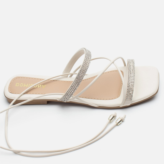 Sandália Feminina Rasteirinha Amarração Tiras De Strass Off White