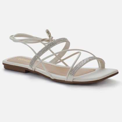 Segunda imagem do produto Sandália Feminina Rasteirinha Amarração Tiras De Strass Off White