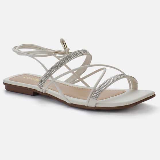 Segunda imagem do produto Sandália Feminina Rasteirinha Amarração Tiras De Strass Off White