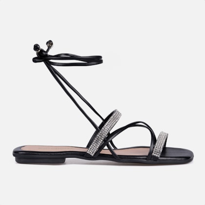 Sandália Feminina Rasteirinha Amarração Tiras De Strass Preta