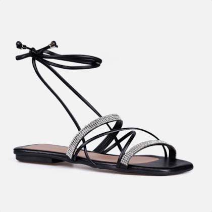 Segunda imagem do produto Sandália Feminina Rasteirinha Amarração Tiras De Strass Preta