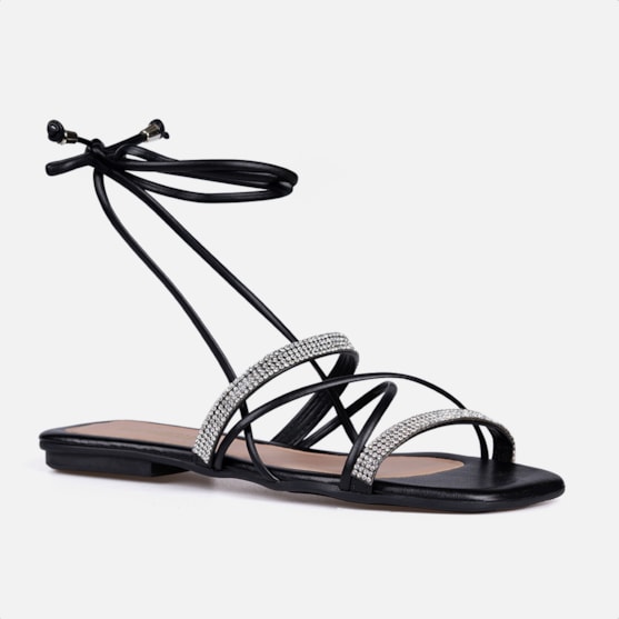Segunda imagem do produto Sandália Feminina Rasteirinha Amarração Tiras De Strass Preta