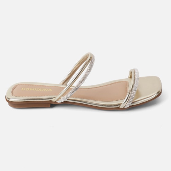 Sandália Feminina Rasteirinha Bico Quadrado Com Tiras de Strass Dourada