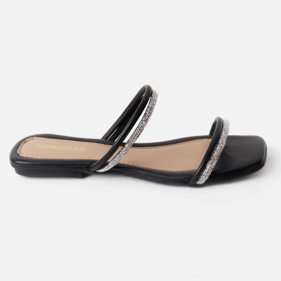 Sandália Feminina Rasteirinha Bico Quadrado Com Tiras de Strass Preta