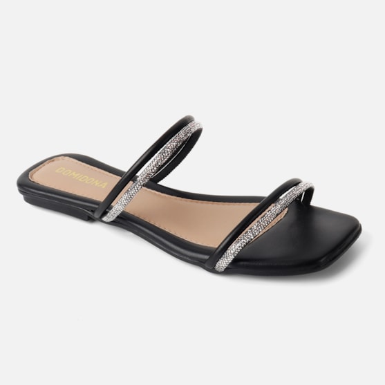 Segunda imagem do produto Sandália Feminina Rasteirinha Bico Quadrado Com Tiras de Strass Preta