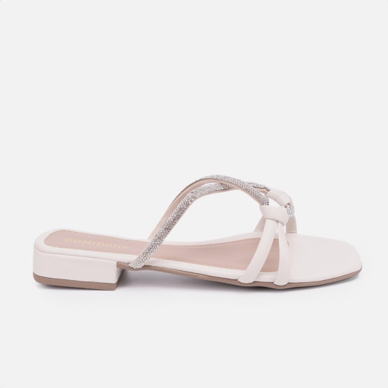Sandália Feminina Rasteirinha Confortável Tiras De Strass Nó Off White