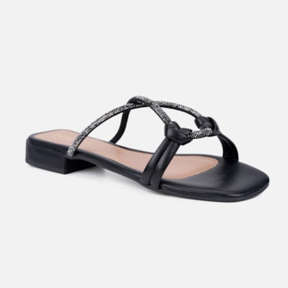 Segunda imagem do produto Sandália Feminina Rasteirinha Confortável Tiras De Strass Nó Preto