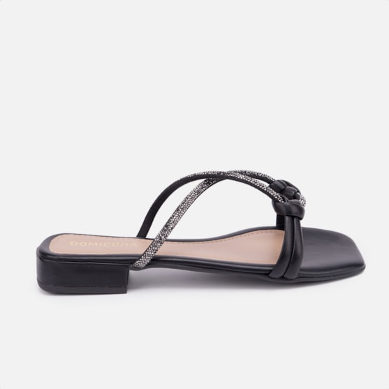 Sandália Feminina Rasteirinha Confortável Tiras De Strass Nó Preto