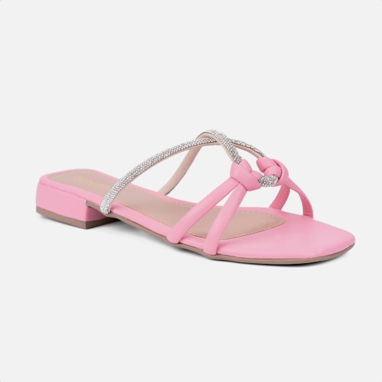Segunda imagem do produto Sandália Feminina Rasteirinha Confortável Tiras De Strass Nó Rosa