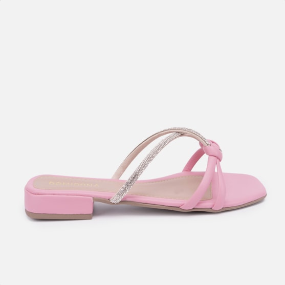 Sandália Feminina Rasteirinha Confortável Tiras De Strass Nó Rosa