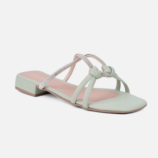 Segunda imagem do produto Sandália Feminina Rasteirinha Confortável Tiras De Strass Nó Verde