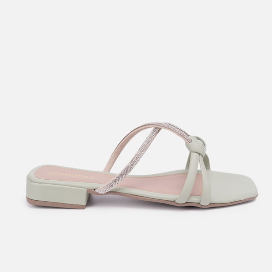 Sandália Feminina Rasteirinha Confortável Tiras De Strass Nó Verde