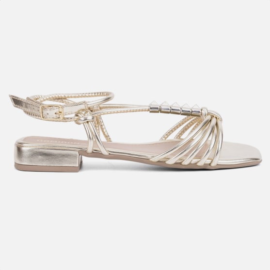 Sandália Feminina Rasteirinha Rasteira Tiras Em Nó Com Spikes Dourado