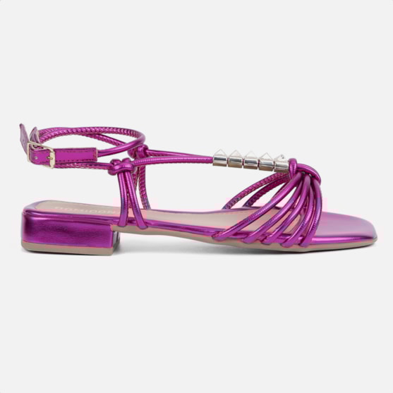 Sandália Feminina Rasteirinha Rasteira Tiras Em Nó Com Spikes Rosa