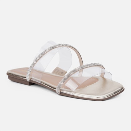 Segunda imagem do produto Sandália Feminina Rasteirinha Tira De Vinil Strass Brilhante Dourado