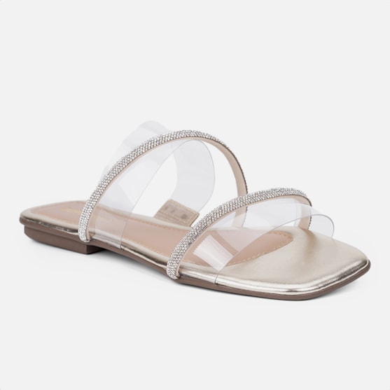 Segunda imagem do produto Sandália Feminina Rasteirinha Tira De Vinil Strass Brilhante Dourado