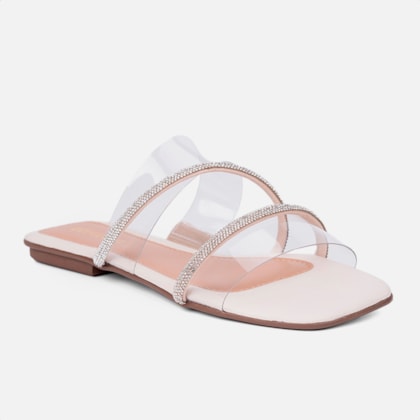 Segunda imagem do produto Sandália Feminina Rasteirinha Tira De Vinil Strass Brilhante Off White