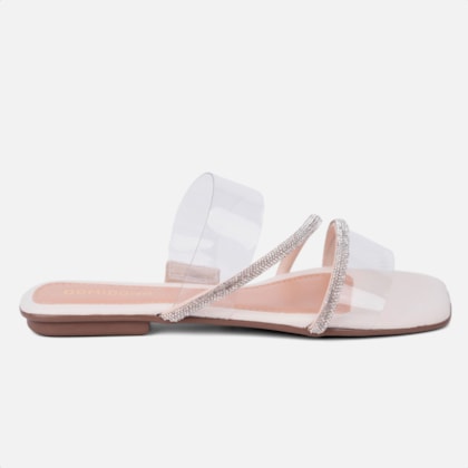 Sandália Feminina Rasteirinha Tira De Vinil Strass Brilhante Off White